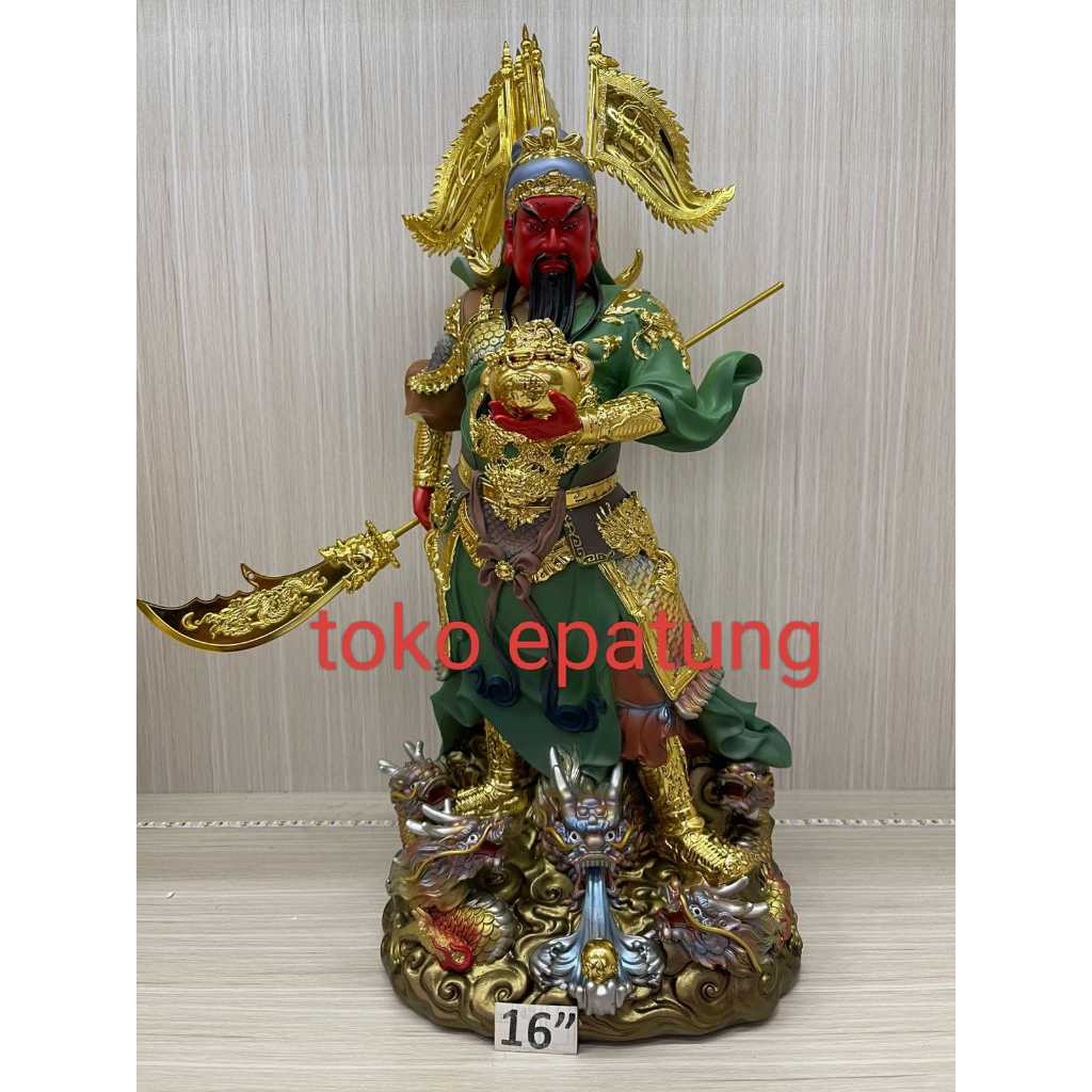 patung dewa kwan kung / kwan kong / kwan te  - 16 inch - fiber- 5 bendera - naga - gentong - pedang 
