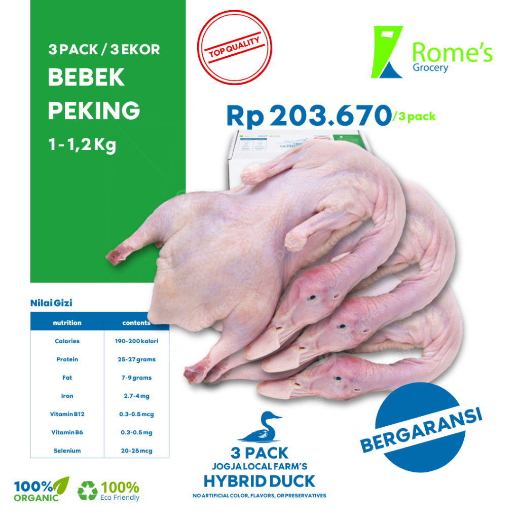 

Bebek Peking Utuh | 3 Pack/3 Ekor | 1 - 1,2 Kg | Fresh&Organik I Bergaransi I Romes Grocery