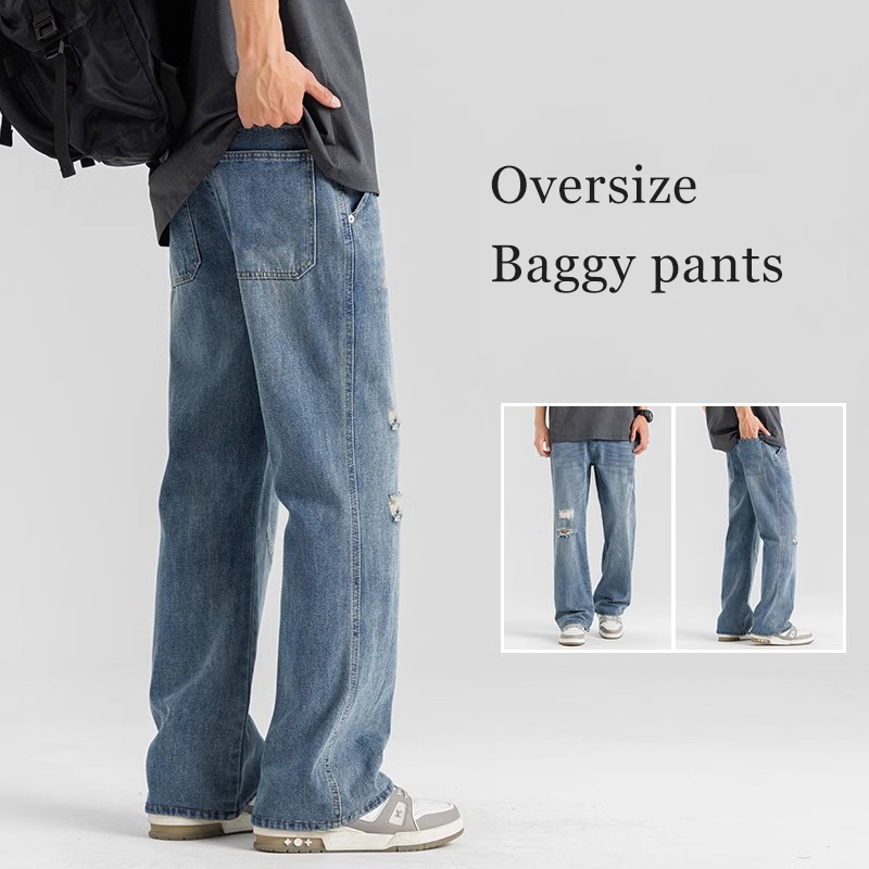 Celana Jeans Pria Baggy Pants Korean Style biru Oversize Straight ripped terbaru dewasa cowok denim 
