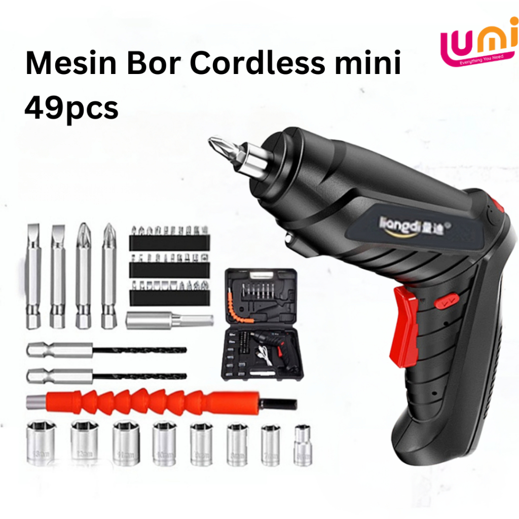 Alat Bor Cordless Mini 1 set isi 49 pcs Cordless Set Screwdriver Baterai Bor Tangan Mini multifungsi
