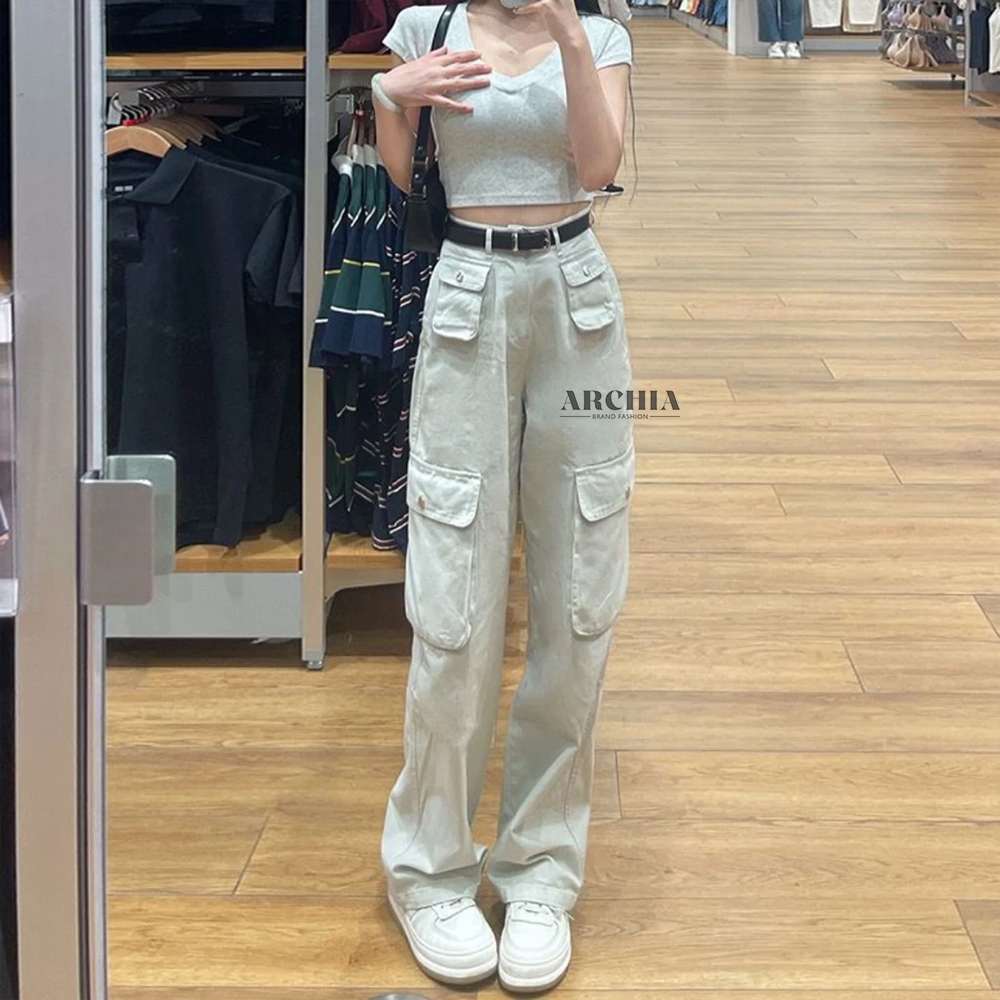 Celana Cargo Wanita Pasir Putih Highwaist Loose - Celana Panjang HW Cargo Wanita Korean Style
