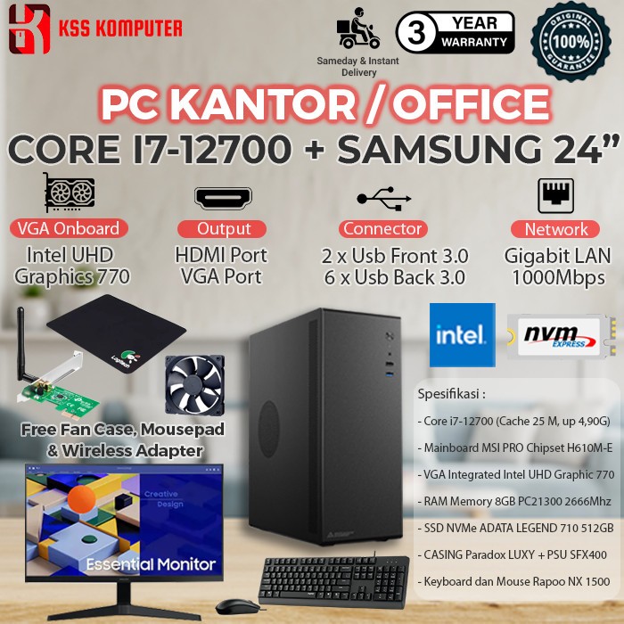 Baru] PC Desktop Komputer Core i7 New Gen + Monitor LED Siap Pakai Lengkap