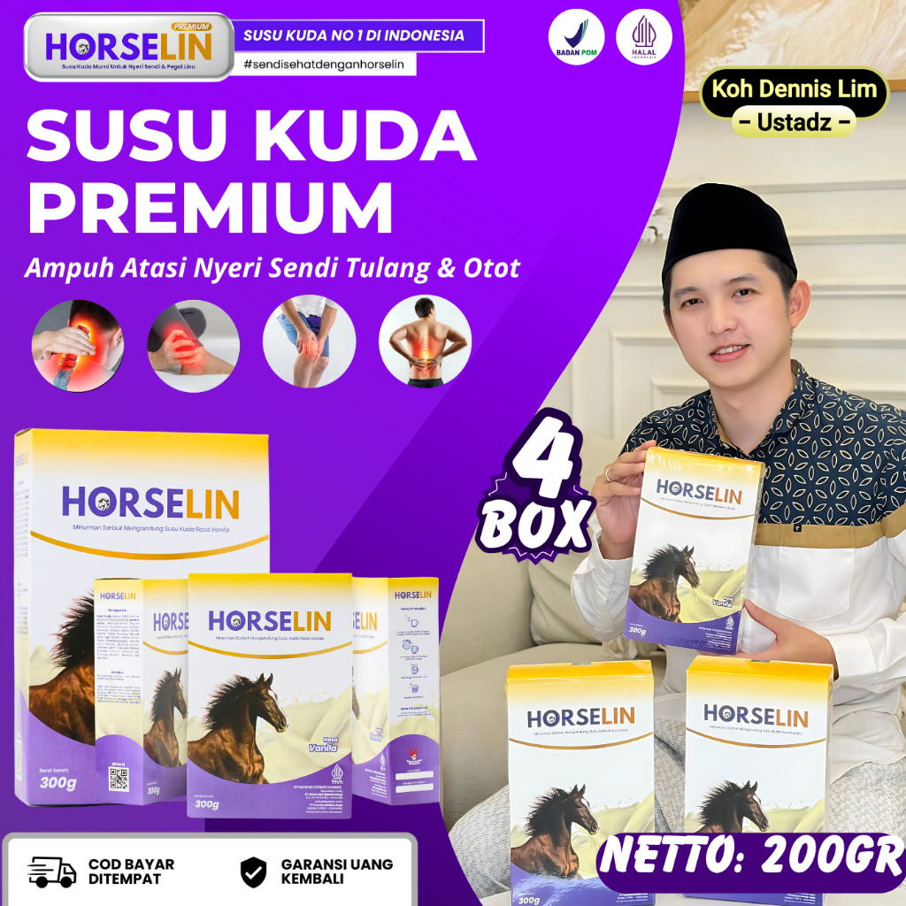 

PAKET 4 BOX HORSELIN SUSU KUDA SUMBAWA AMPUH ATASI MYERI SENDI TULANG OTOT ASAM URAT ORIGINAL 200GR