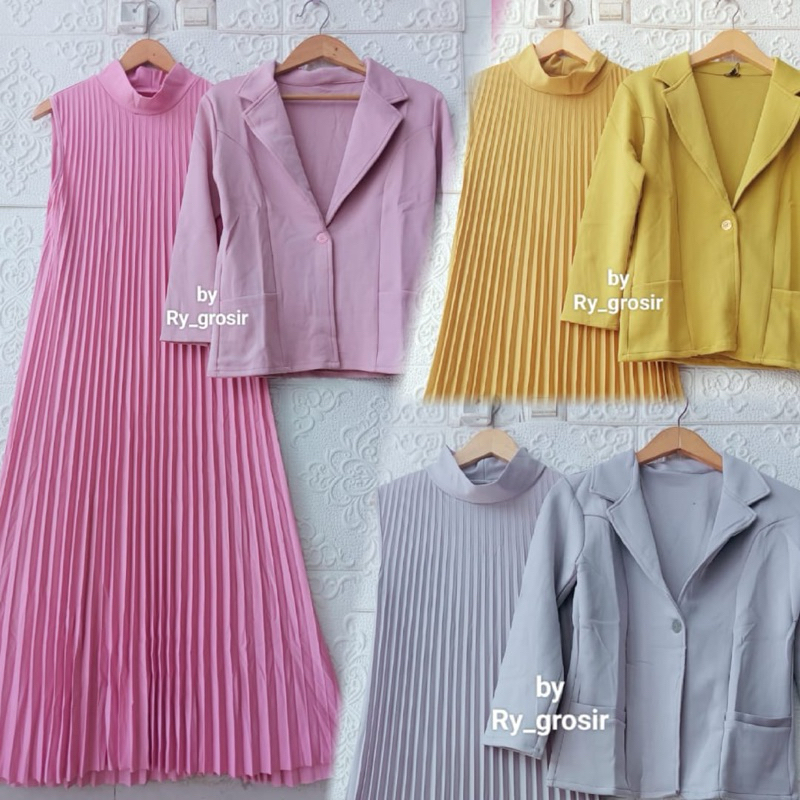 Setelan Wanita Blazer Scuba Kancing Iner Plisket Polos