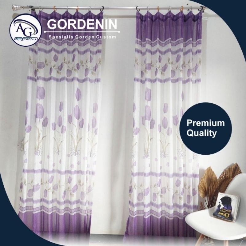 Vitrase Gorden Import Motif Bunga Tulip Ungu Model Plisket Cubit - Tirai Gorden Vitrase FREE Kawat S