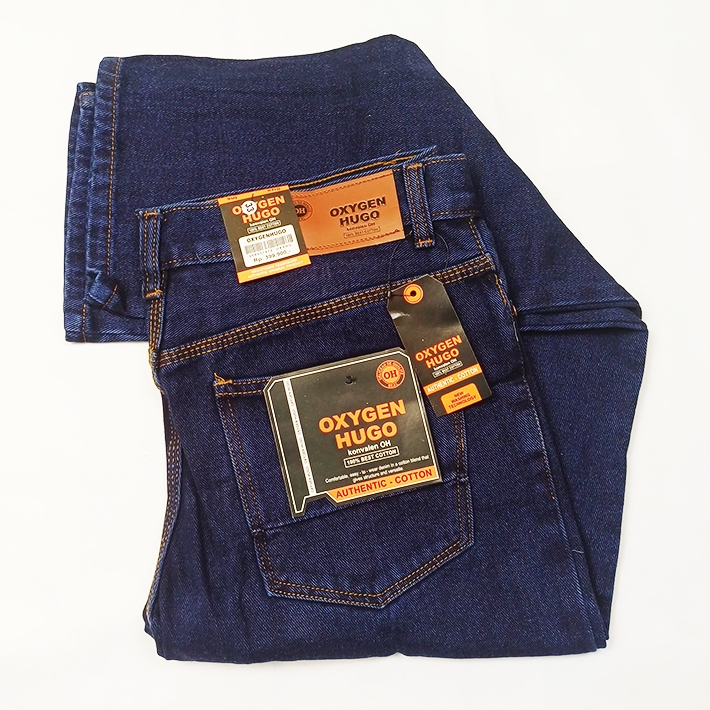 Celana Panjang Pria Basic Oxygen Hugo Standar Fit 100% Jeans Denim Warna Navy Blue