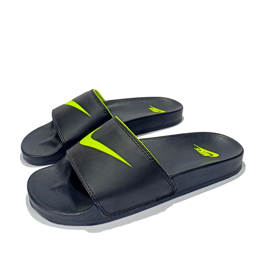 Sandal selop sendal slide Casual Nlke pria wanita tipe slop warna Hitam motif List Hijau Stabilo