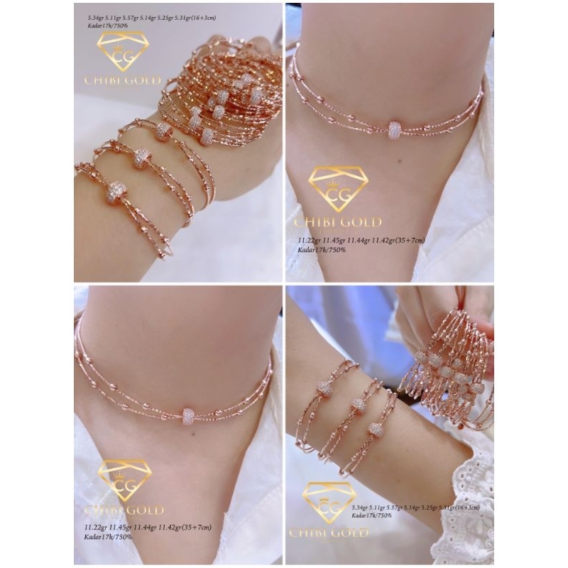 CHIBI GOLD - GELANG DAN KALUNG COKER CHOKER 2 LAYER MATA BULAT EMAS 750 KADAR 17K