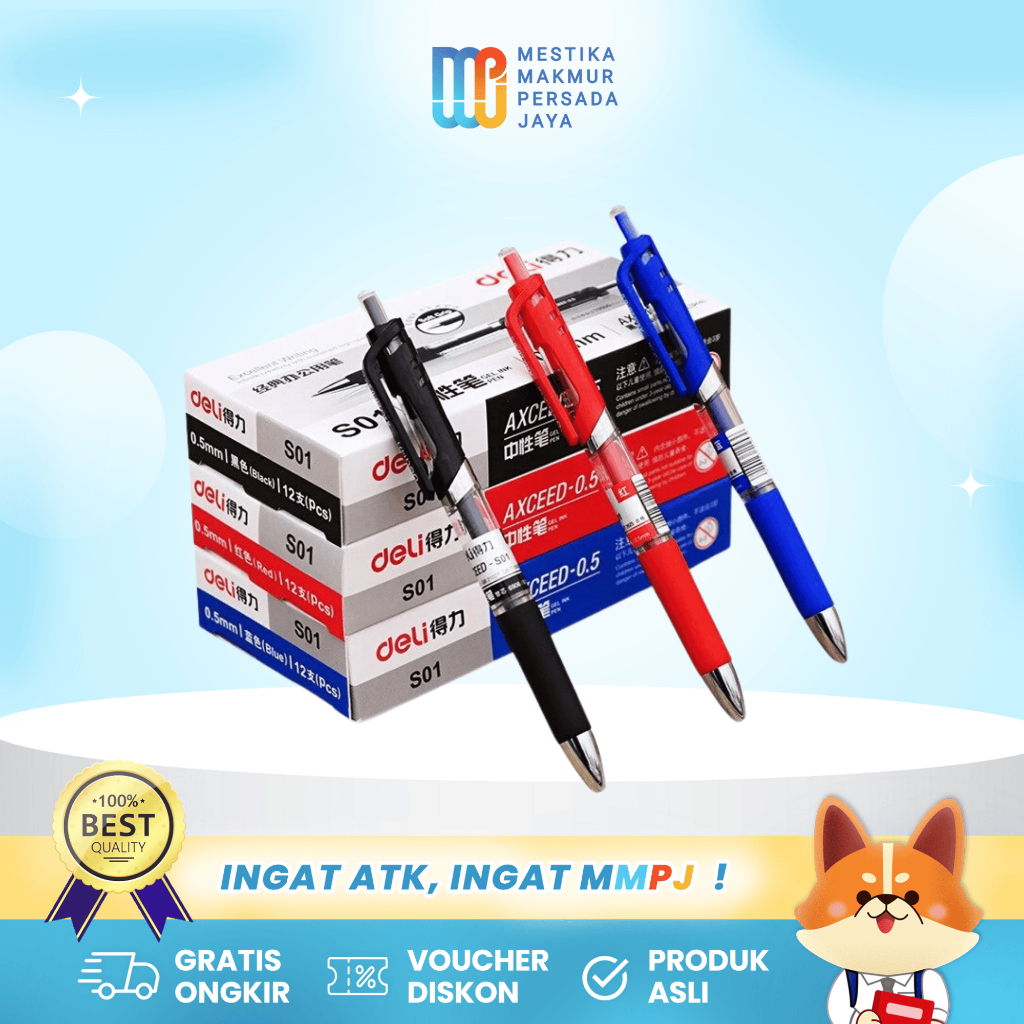 

Deli Pulpen Gel – Gel Pen Retractable 0.5mm Tinta Hitam / Merah / Biru S01