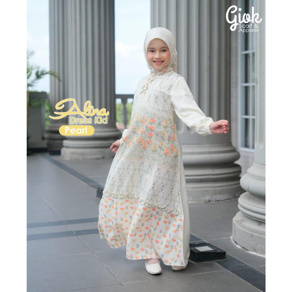 Dress Alina Anak By Giok Bahan Roberto mix Gabril printing Gamis Wanita Premium Murah Modis