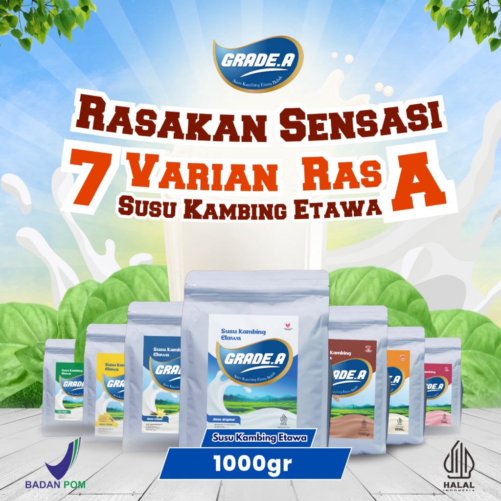 

SUSU KAMBING ETAWA GRADE A KEMASAN 1KG DENGAN 7 VARIAN RASA YANG LEZAT