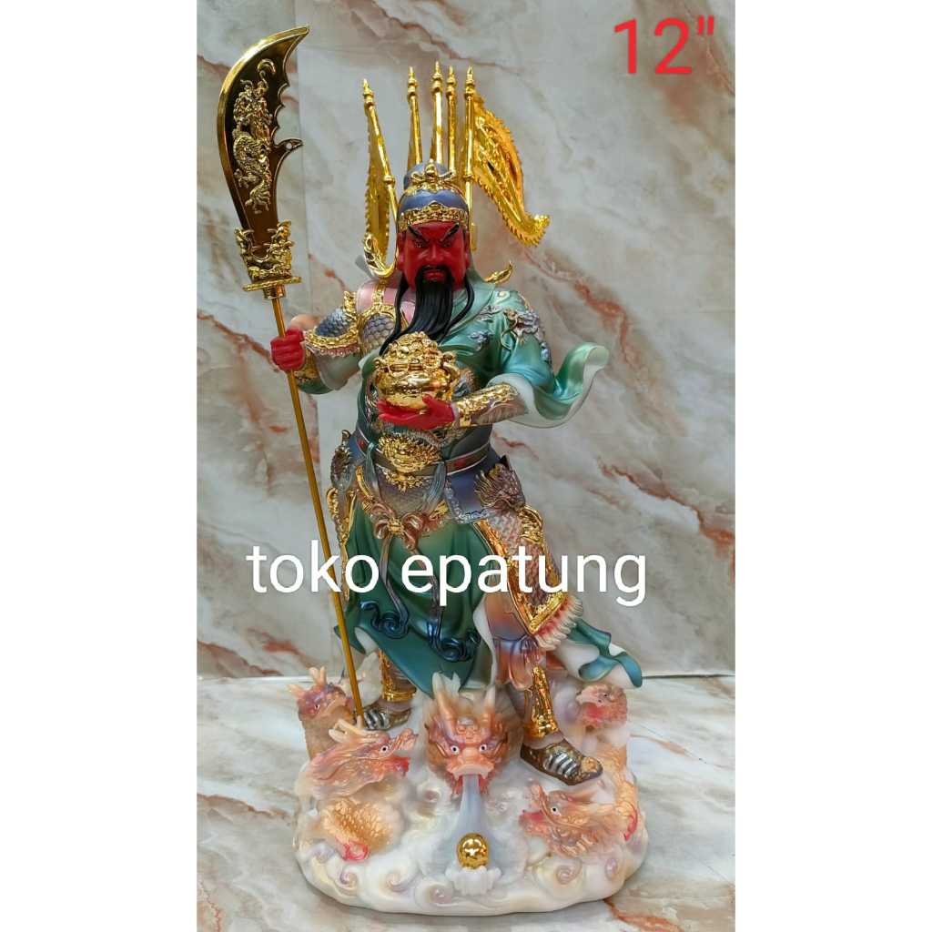 patung dewa kwan kung / kwan kong / kwan te  - 12 inch - marmer - 5 bendera - naga - gentong - pedan