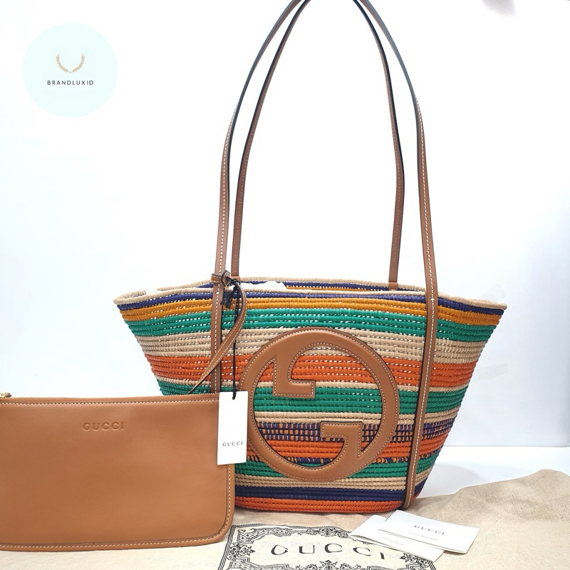 Gucci Summer tote stripe Round Interlocking G Tote bag multicolor with pouch wrislet leather