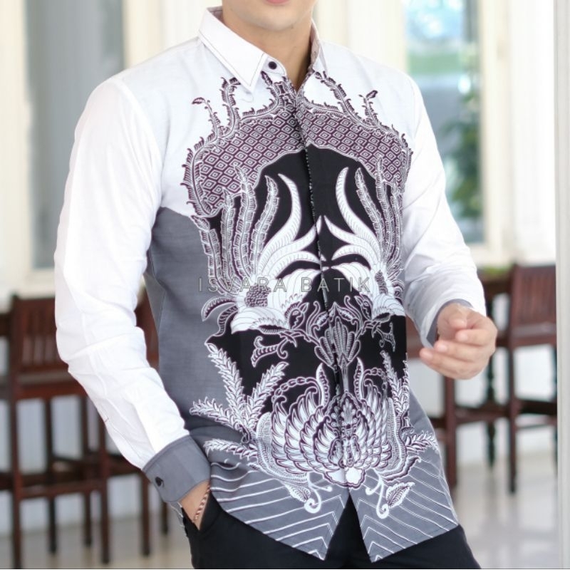 ISVARA PUTIH Kemeja batik pria lengan panjang warna putih atasan baju batik putih lengan panjang hem