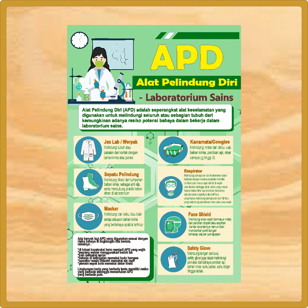 

Stiker Poster Alat Pelindung Diri Laboratorium APD warna hijau, Sticker Poster APD Laboratorium, Stiker Poster Alat Pelindung Diri, Stiker Poster APD