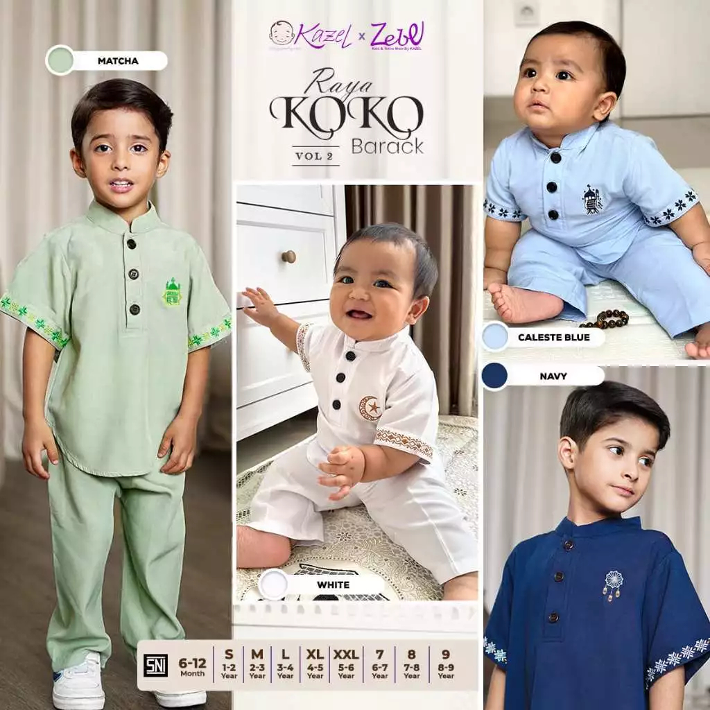 Kazel x Zebe Raya Koko Barack 2025 1-9 tahun 1 Stel / Baju Koko Anak Baju Muslim Anak Laki-laki / Ba