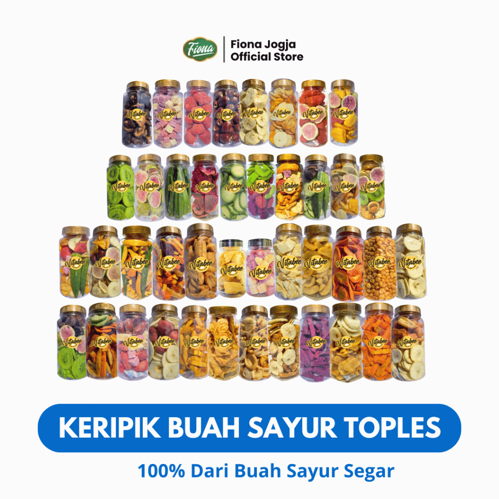 

Vitabee Keripik Kripik Buah Kemasan Toples 650ml Apel Strawberry Durian Okra Korea