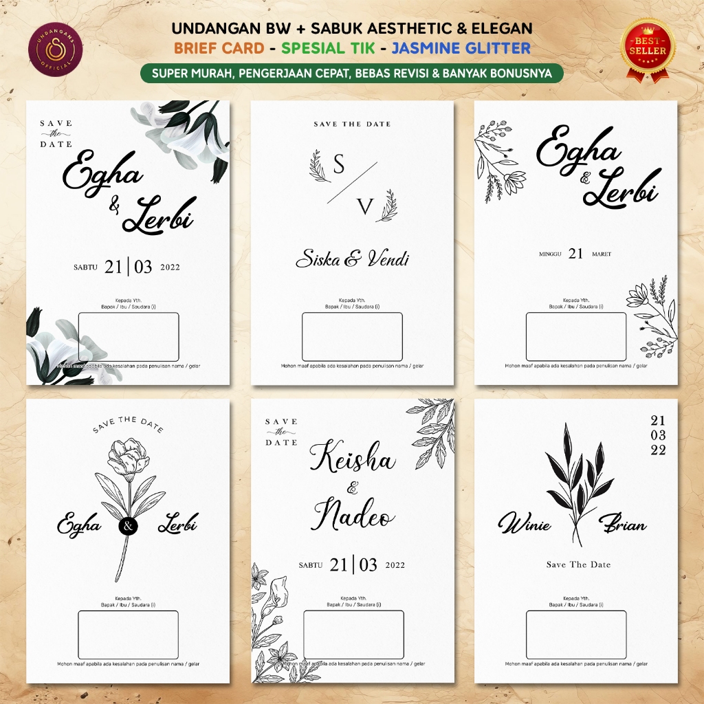 UNDANGAN PERNIKAHAN MONOKROM, SIMPLE, AESTHETIC, HITAM PUTIH, MURAH, ELEGAN H1