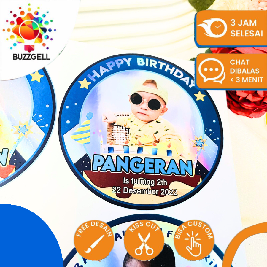 

5-8 Stiker Buzzgell Hologram Ulang Tahun Anak Sticker Label Undangan Happy Birthday Uk.Sedang