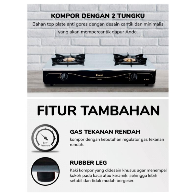 Kompor Gas Api Besar 2 Tungku Stainless Rinnai RI602A Murah Baru Bagus