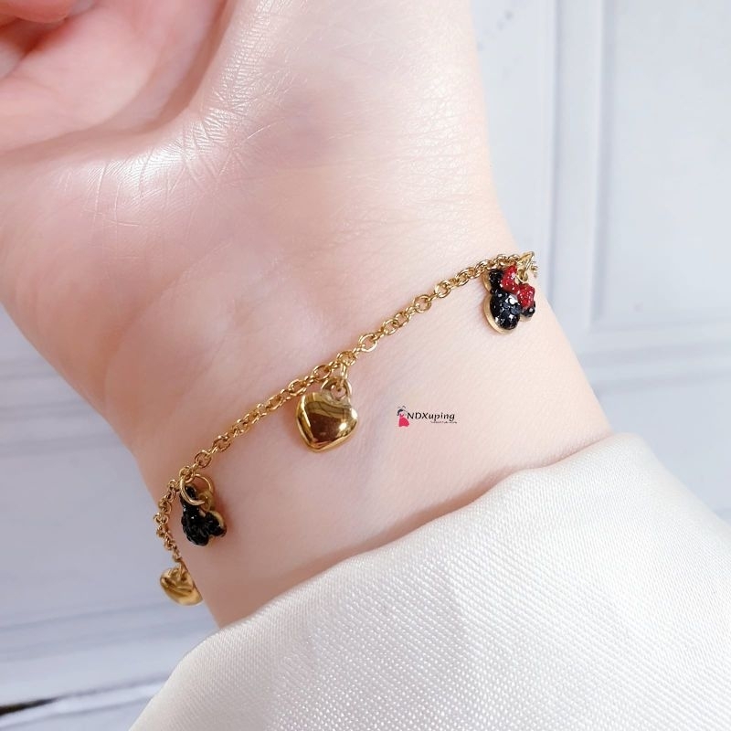 Gelang Tangan Dewasa Rantai Tipis Gold Permata Mickey Mouse Love N23122418