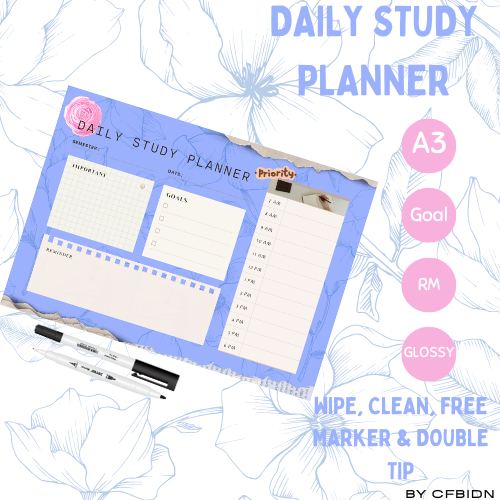 

Daily Study Planner A3 Glossy Wipe-Clean Tebal – Gratis Spidol & Dual-Tip Marker | Cfbidn