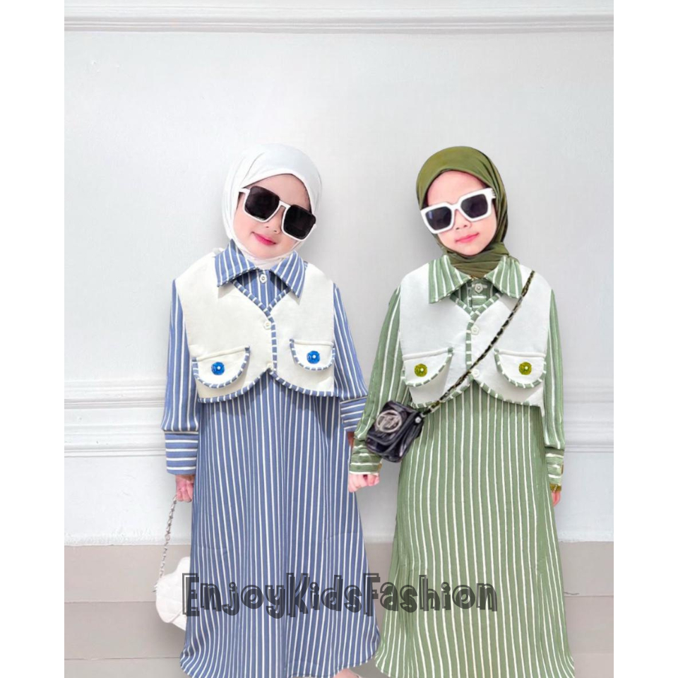 Gamis Lebaran Rompi Muslim Terbaru Model Garis-Garis Anak Perempuan Usia 1 Sampai 12 Tahun