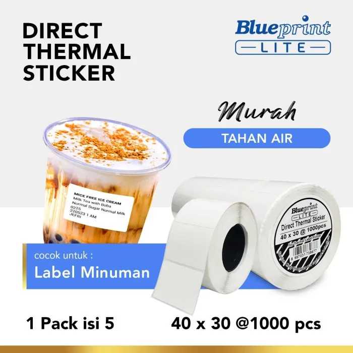 

Direct Thermal Stiker 40 x 30 BLUEPRINT Lite 40x30 mm 1 Roll isi 1000 - 1pack (Isi 5 Roll)