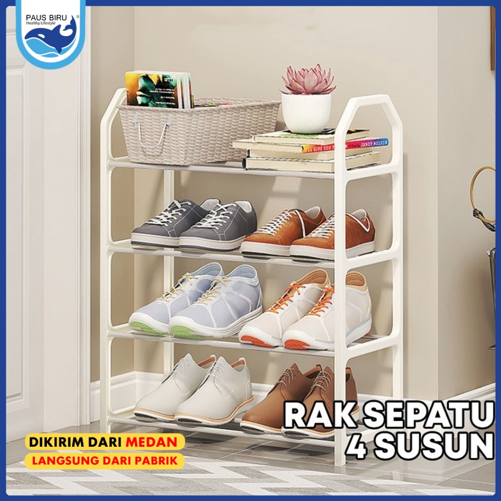 Paus Biru - Rak Sepatu 4 Susun Serbaguna - Rak Sandal Minimalis HITAM PUTIH -Rak Serbaguna 4 Tingkat