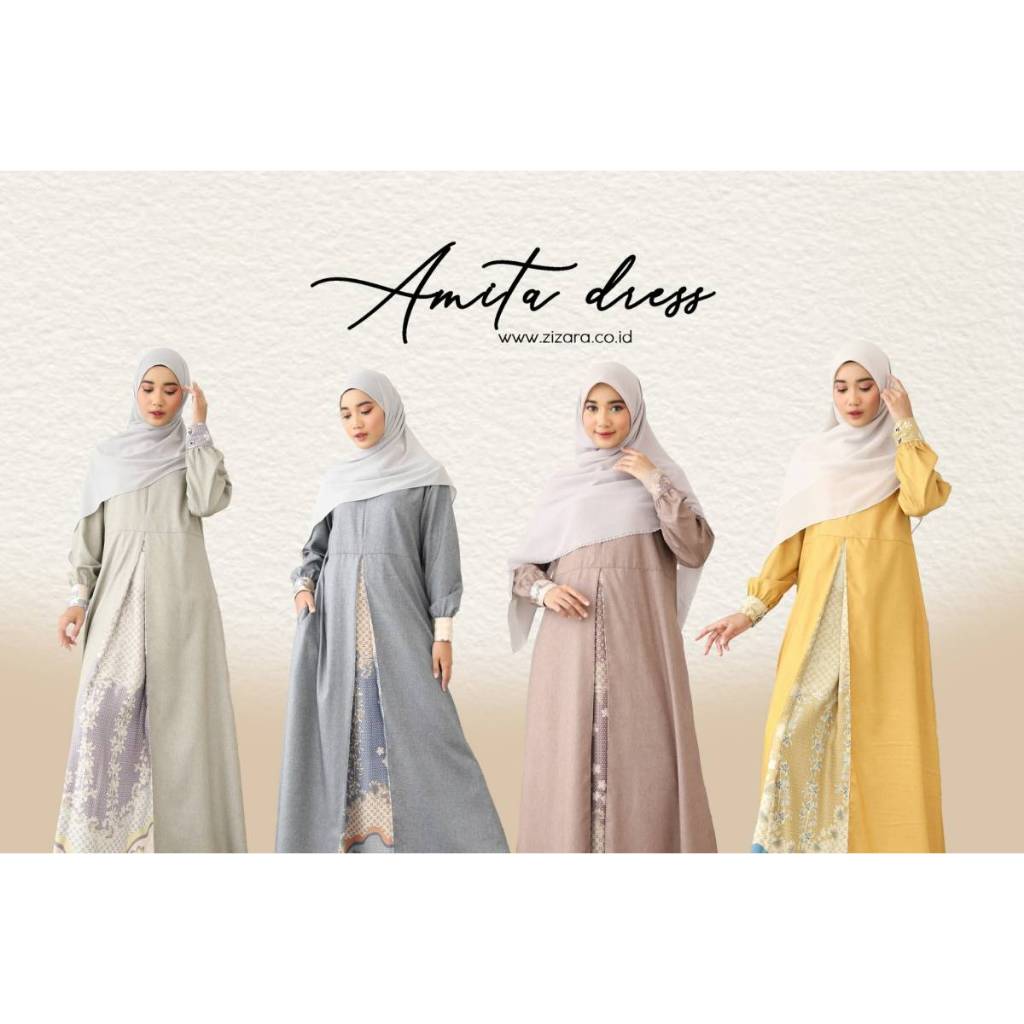 Amita Dress Zizara Gamis Kombinasi Polos Motif Bunga Baju Kondangan