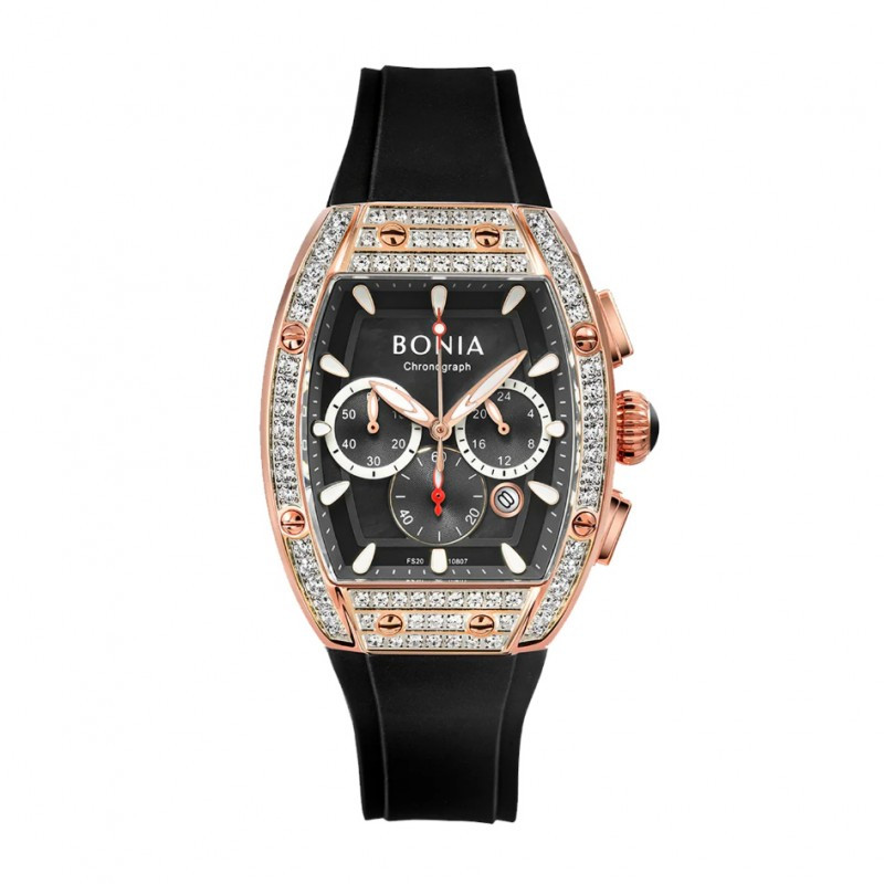 Bonia BNB10807-2532S Rosegold Black Ring Diamond Chronograph Jam Tangan Wanita Original Karet Hitam