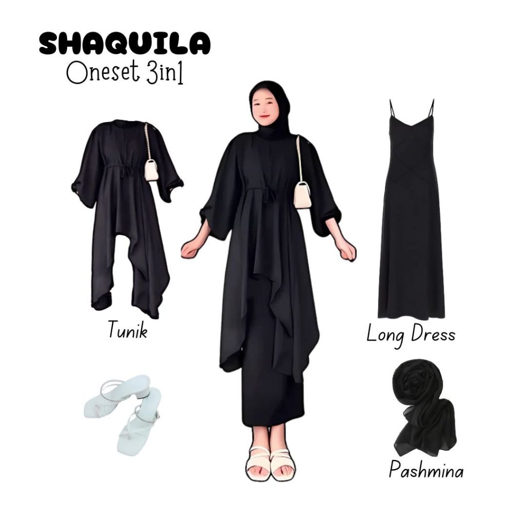 ONESET 3in1 Tunik hitam Long dress hitam pashmina hitam | perempuan wanita cewek ootd tunik lebaran 