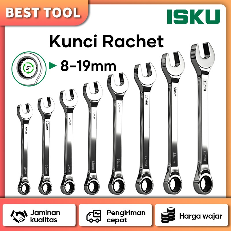 ISKU Kunci Ring Pas Sst Rachet 8-19mm Multifungsi Kunci Ring Pas Bolak Balik Ring Pas Kunci Rachet s