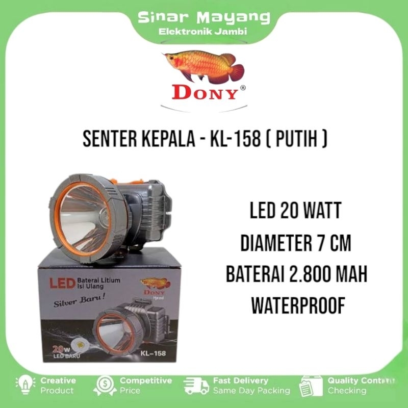 Senter Kepala DONY KL-158/ Lampu LED 20 W Super Terang/ Bisa Cas & Anti Air