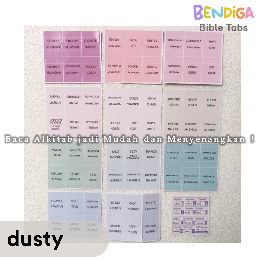 

[BENDIGA GBU- DUSTY LINE TONES] Stiker Penanda Index Alkitab Sticker Bible Tabs Index 66 Dua Bahasa Inggris 66pcs Laminated BIBLE TABS INDEX Sticker Index Alkitab