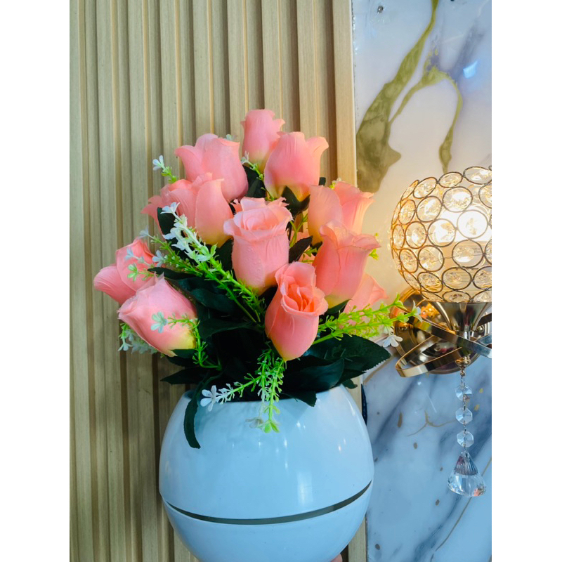 bunga meja mawar kucup 19 kuntum satu set pot bola putih