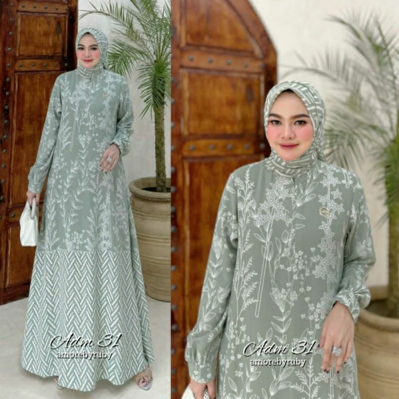 gamis set hijab//gamis plus jilbab segi empat//motif simple cantik//adm31 edisi Madeira set dress bu
