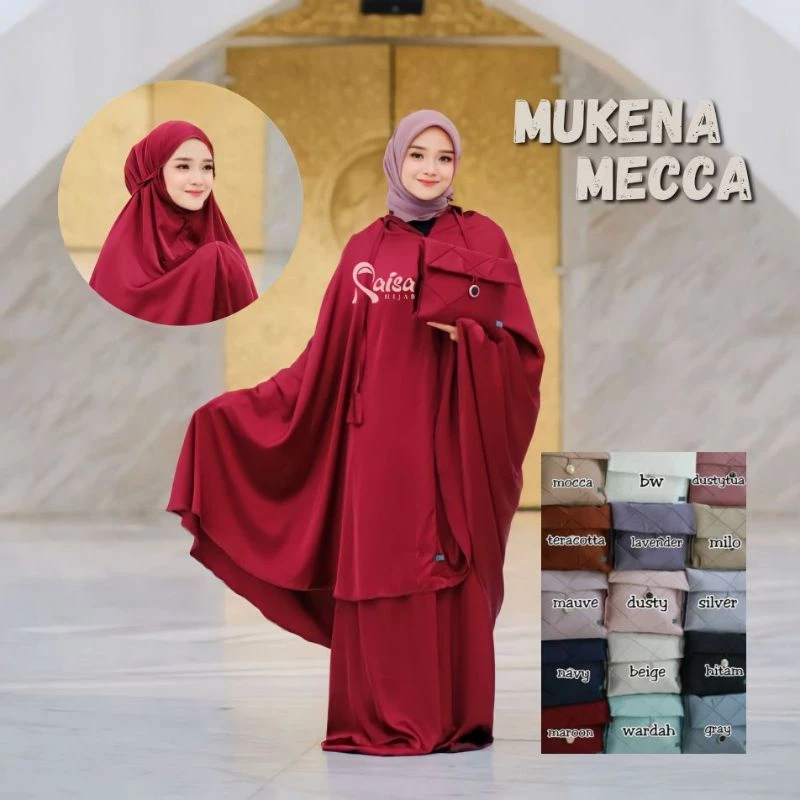 Raisa Hijab Mukena SATIN SILKY PREMIUM SATIN SILK POLOS Mecca Safar 2 in 1 pakai resleting di dagu O