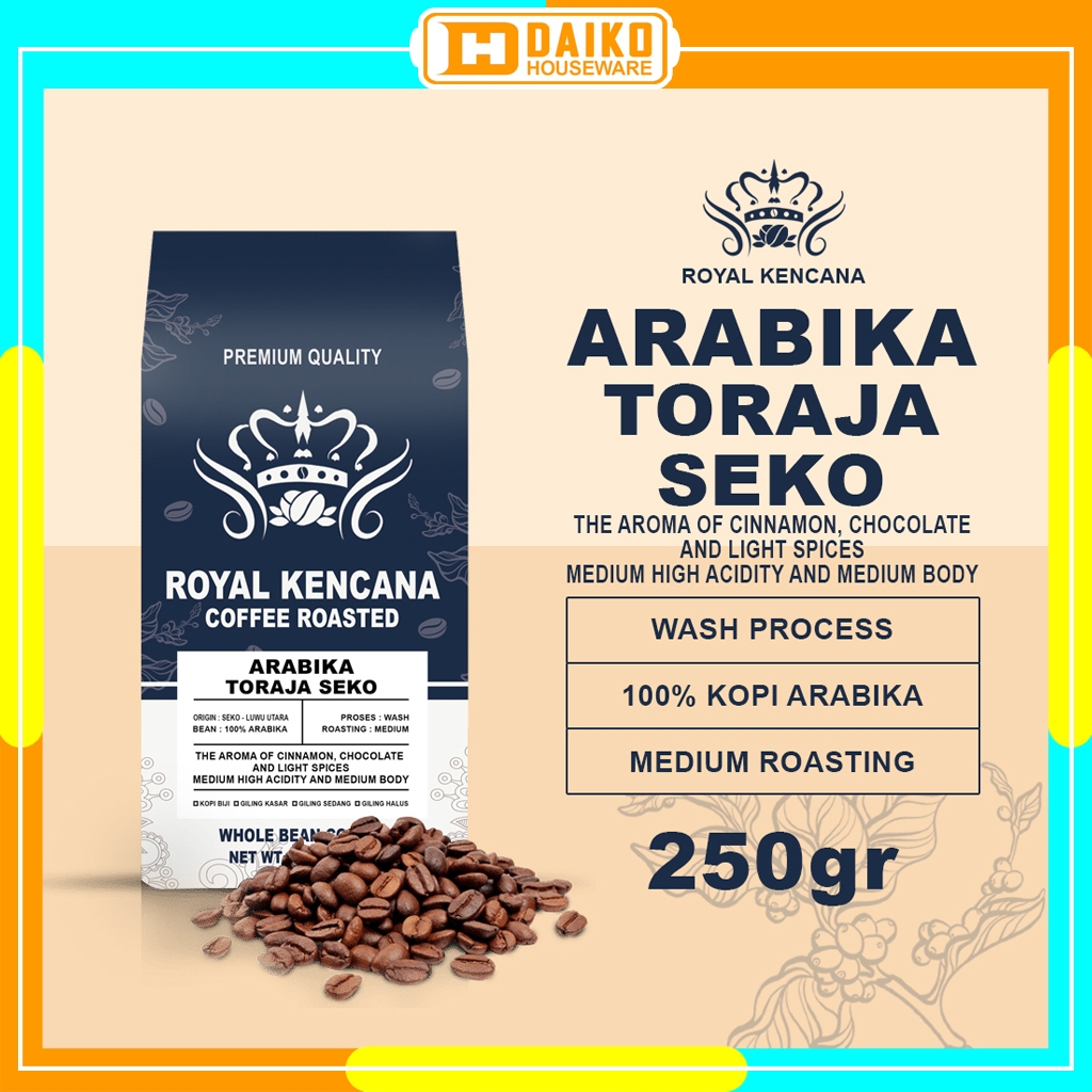 

Royal Kencana Arabika Toraja Seko Premium Quality Coffee Roasted 250gr - Whole Bean Medium Roast Specialty Coffee