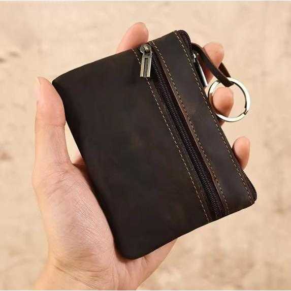 Dompet Koin Pria Kulit Kulit Asli Crazy Horse - Dompet Tempat Kartu dengan Gantungan Kunci Kulit Asl