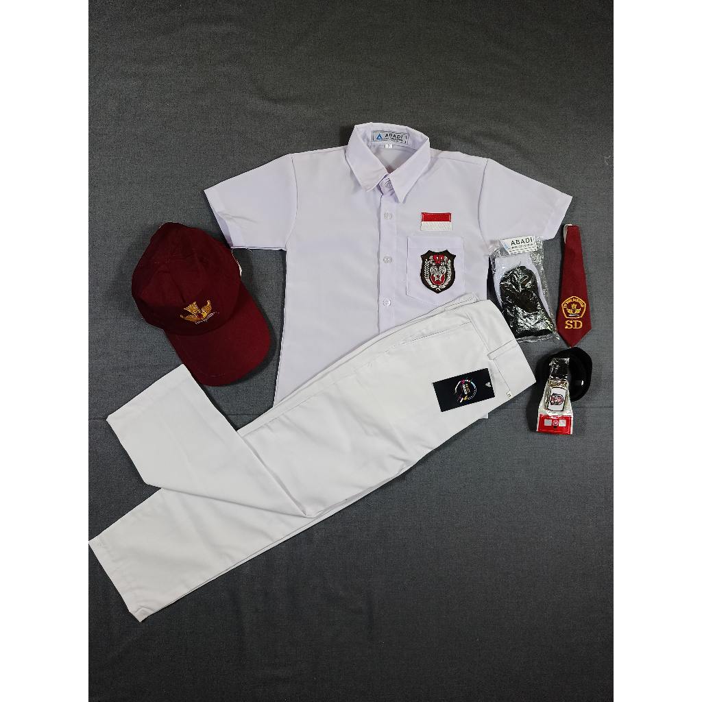 SETELAN SERAGAM SEKOLAH SD PUTIH-PUTIH PENDEK PANJANG ANAK LAKI-LAKI KELAS 1-6 TOPI MERAH POLOS