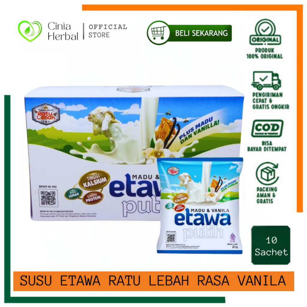 

Susu Etawa Ratu Lebah | Susu Kambing Plus Madu & Vanila | Etawa Ratu Lebah Jahe | Per Box 10 Sachet