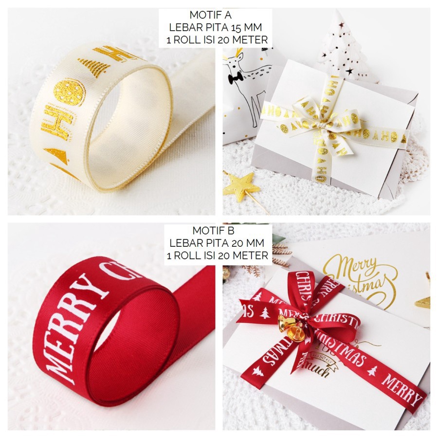 

Hemat 1 Pita Kado Natal Merry Christmas Hampers Ribbon Merah Putih Emas 1 roll 2 meter