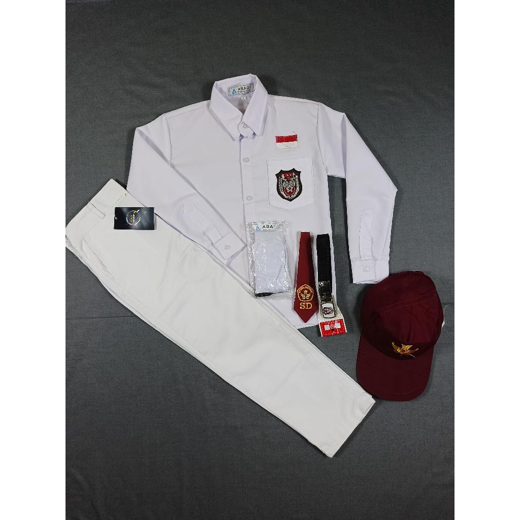 SETELAN SERAGAM SEKOLAH SD PUTIH-PUTIH ANAK LAKI-LAKI PANJANG-PANJANG KELAS 1-6 TOPI MERAH POLOS