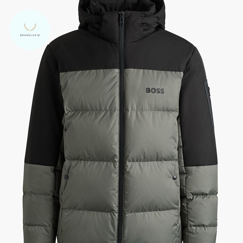 Hugo Boss Men J-Hamar 3 Water Repellent Down Jacket in Grey with Detachable Hoodie