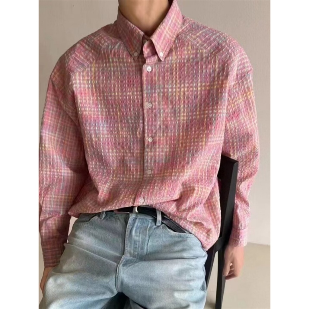 Kemeja Kotak-Kotak Lengan Panjang Pink Pria Wanita Kemeja Kasual Dewasa