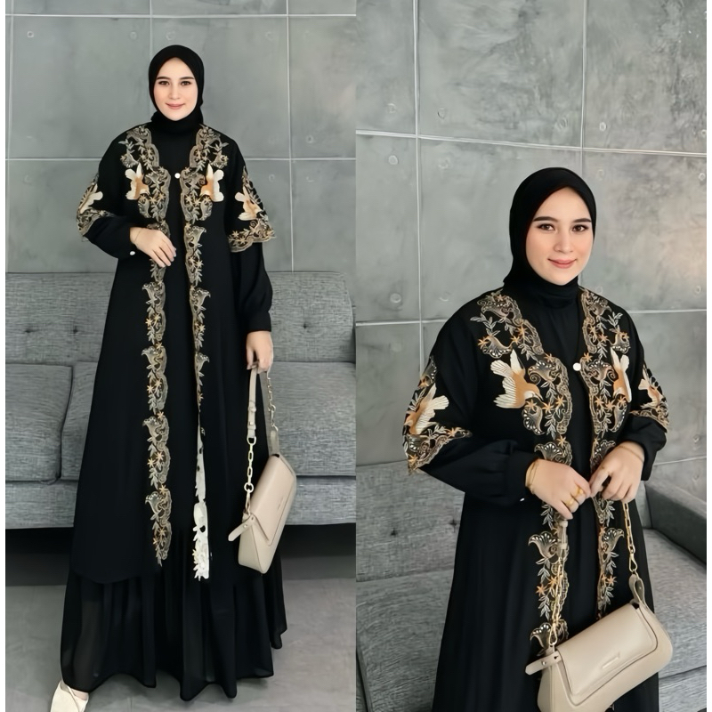 GAMIS ABAYA TURKEY SET OUTER HITAM BORDIR ROMPI TERBARU MEWAH FULL CERUTY