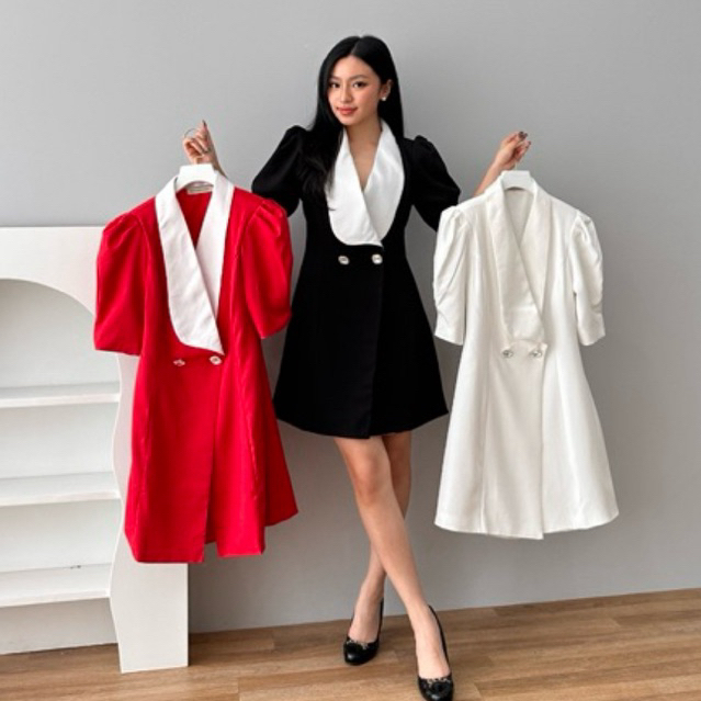 [ MAFIA ] CNY SOUL Mini collar merah black white big size dress | Dress wanita backless lengan puffy