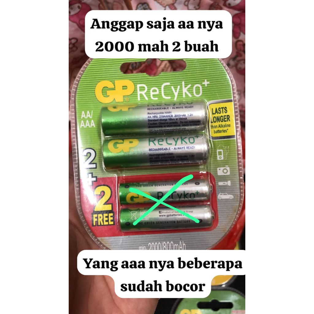 

batu baterai gp recyko isi 4 ( anggap aaa nya sudah ga kepakai karena bocor) jadi isi 2 aa 2000 mah