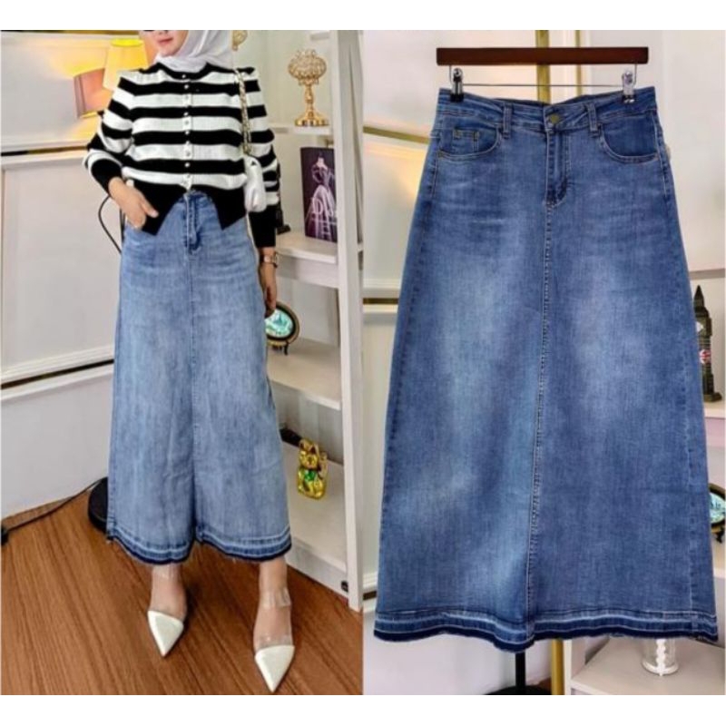 Rok jeans wanita Rok jeans strech Rok variasi jeans rawis Rok bawahan pajang Rok belakang karet